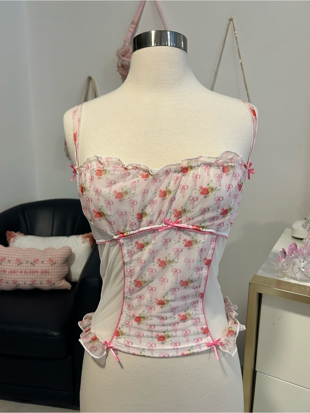 Y2K Pink Floral Bow Bustier Top